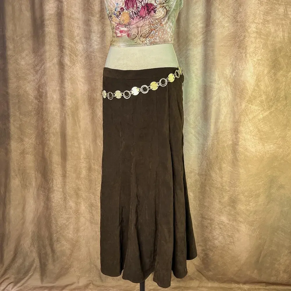 Vintage Y2K Maxi Skirt Faux Suede Flowy Brown Boho Whimsigoth Peasant 2000s Folk